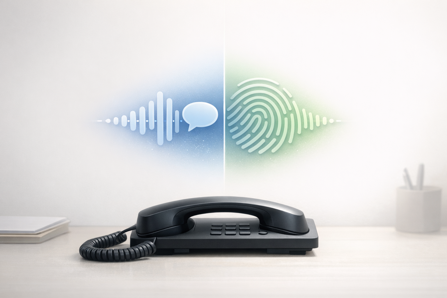 Conceptual illustration of a business phone with an abstract waveform suggesting AI voice and voice cloning considerations