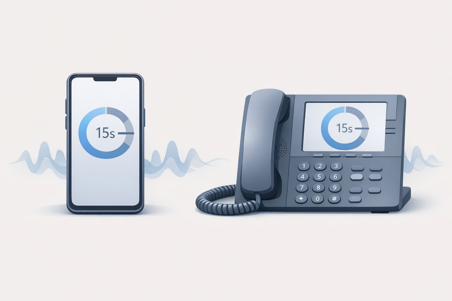 Conceptual illustration of phones and a 15-second timer motif representing short AI voice messages.