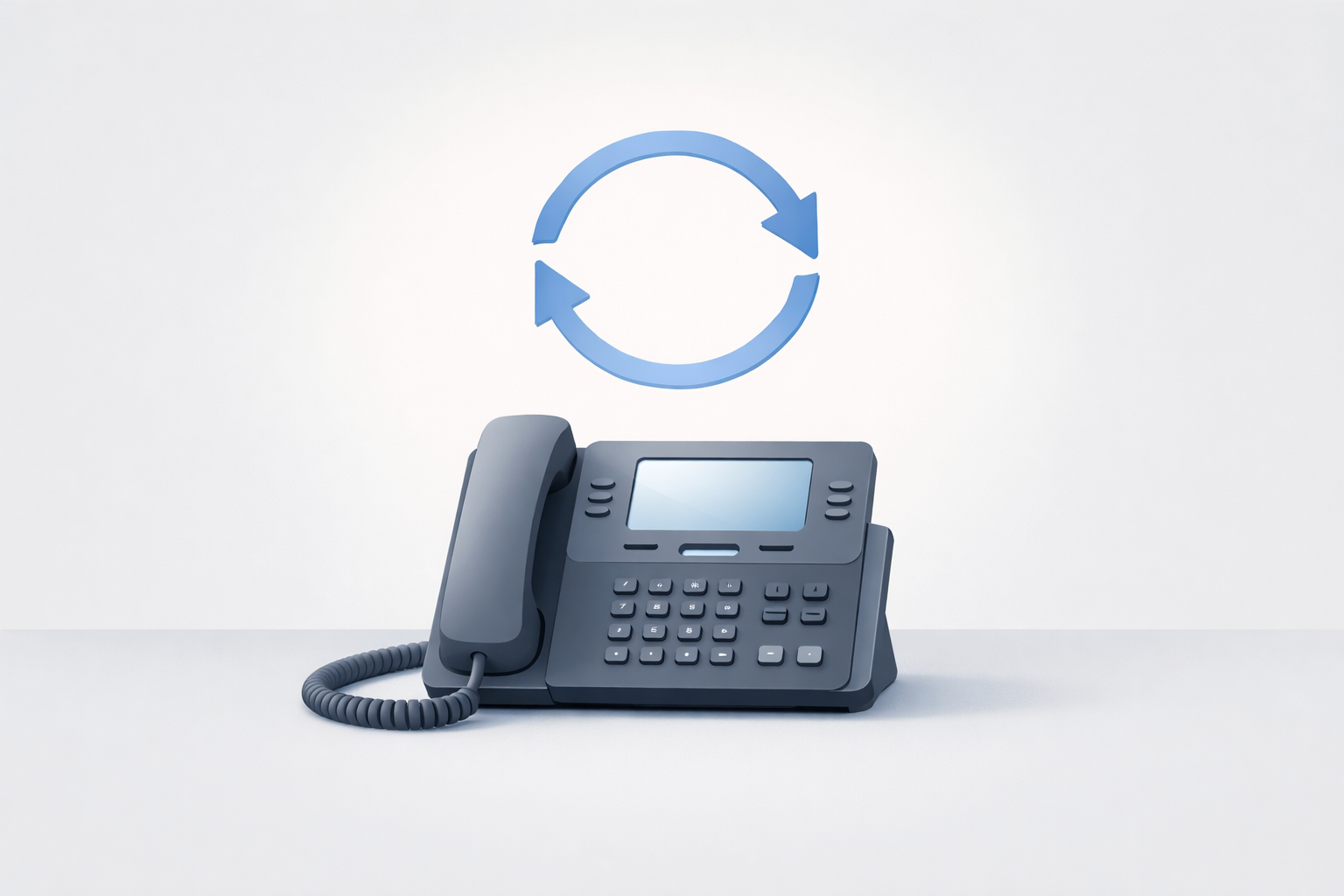 Conceptual illustration of a desk phone with a feedback loop symbol representing a no-blame call-flow postmortem.