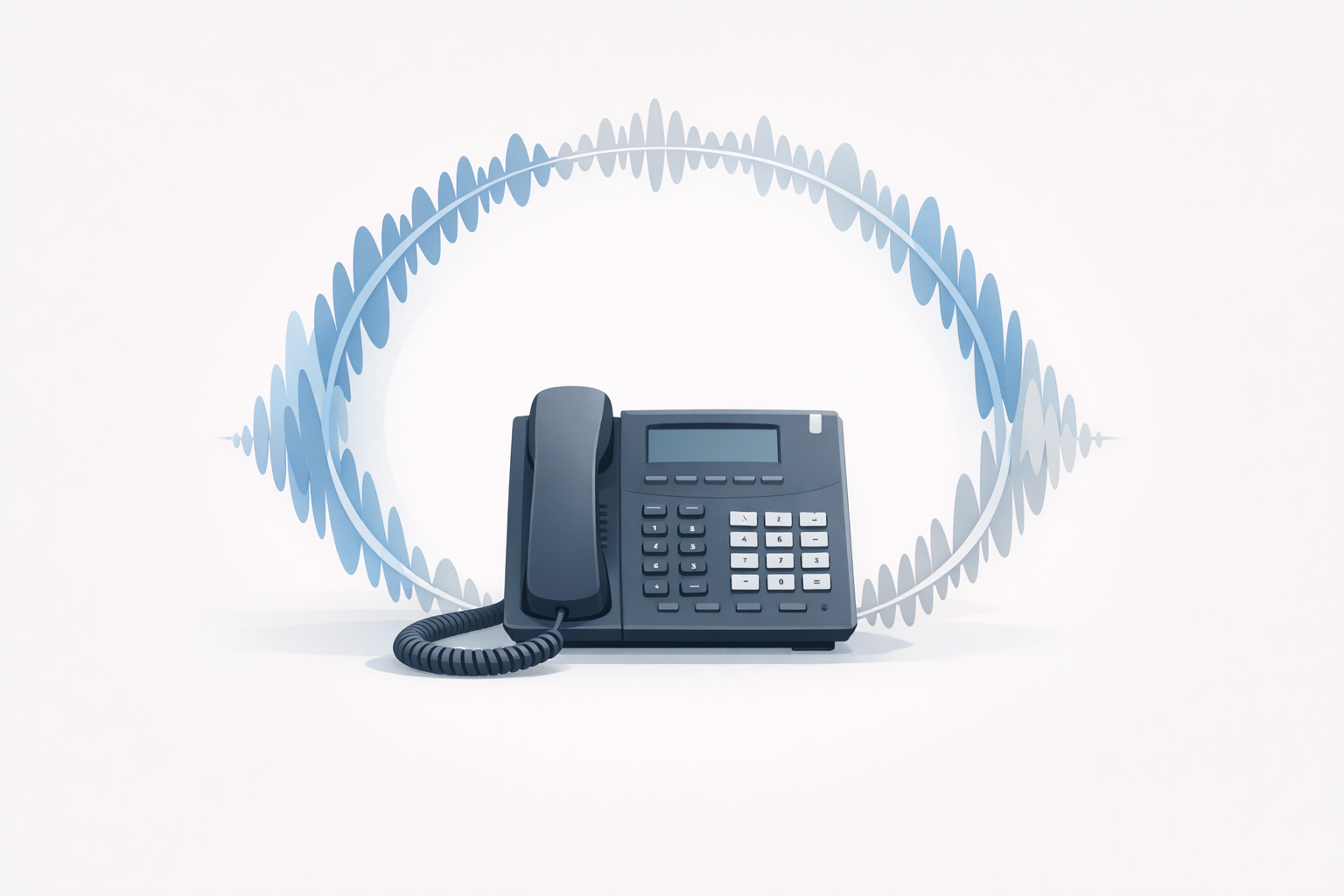 Conceptual illustration of a desk phone with subtle sound waves representing a consistent professional voice identity