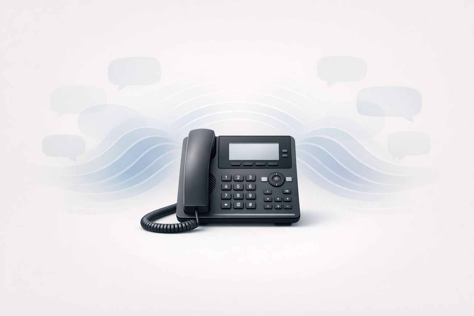 Conceptual illustration of a desk phone with abstract sound waves and multilingual speech bubbles on a neutral background.