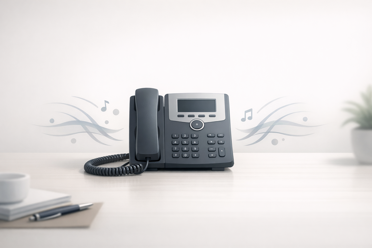 Conceptual illustration of a desk phone with subtle sound waves representing on-hold messaging