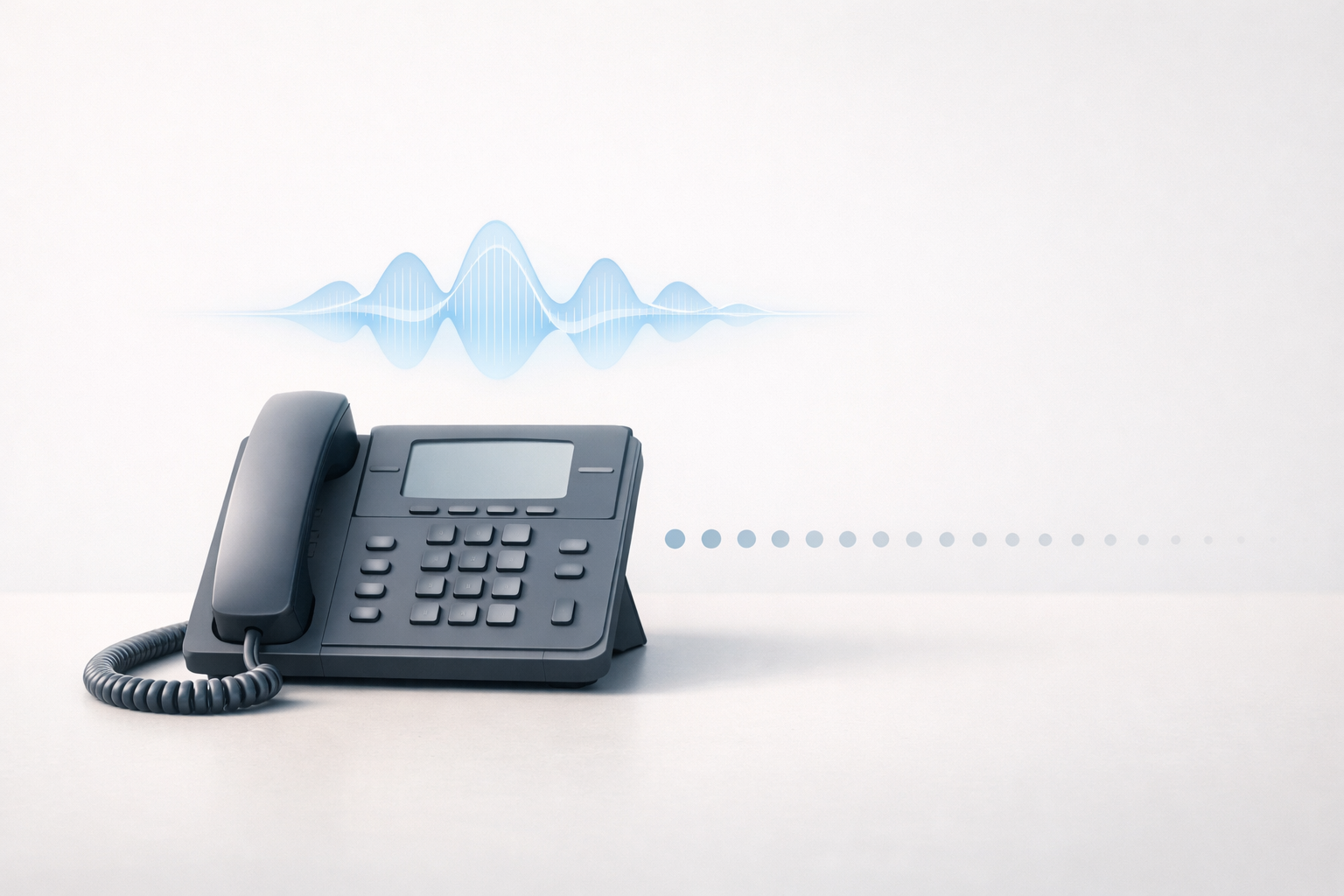 Conceptual illustration of a desk phone with soundwaves representing on-hold messaging and caller experience.