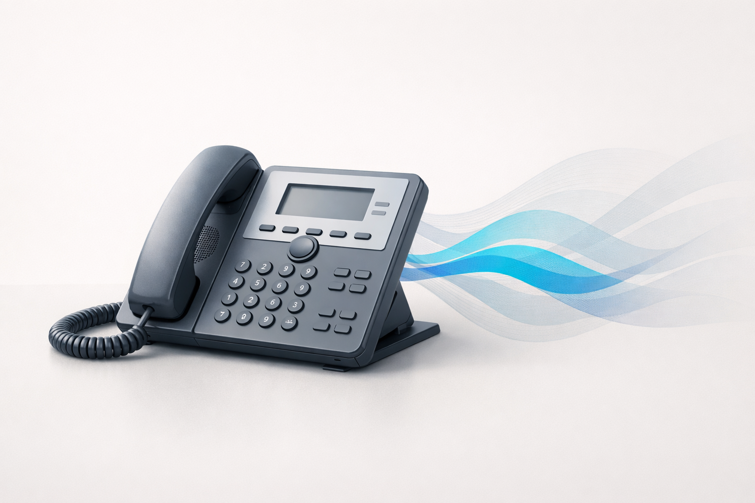 Conceptual illustration of an office phone with subtle sound waves representing branded hold music